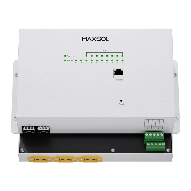 Maxsol managed solar industrial PoE switch with Ethernet and fibre ports