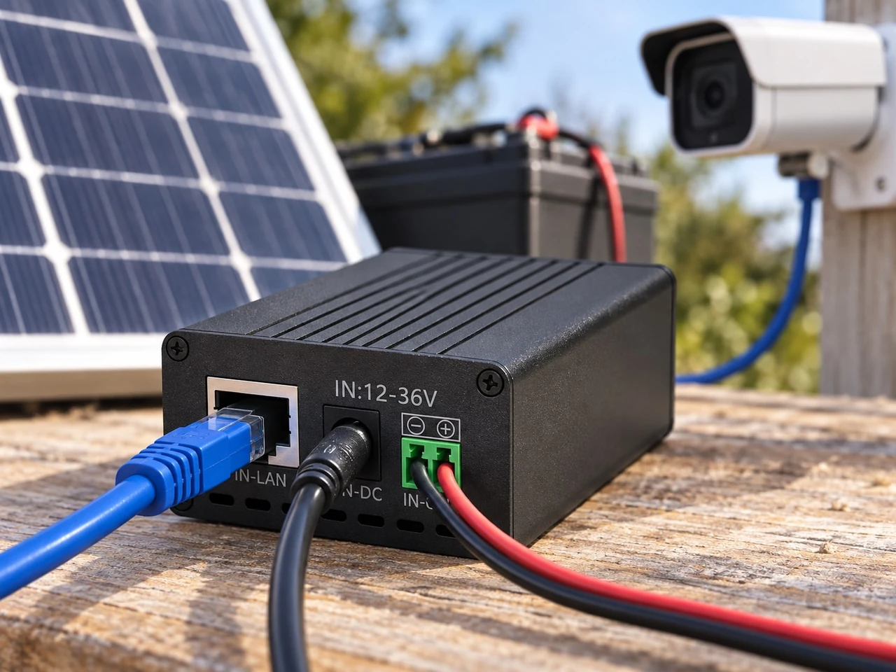Maxsol POE24V DC-to-PoE converter with Ethernet connections and LCD voltage display