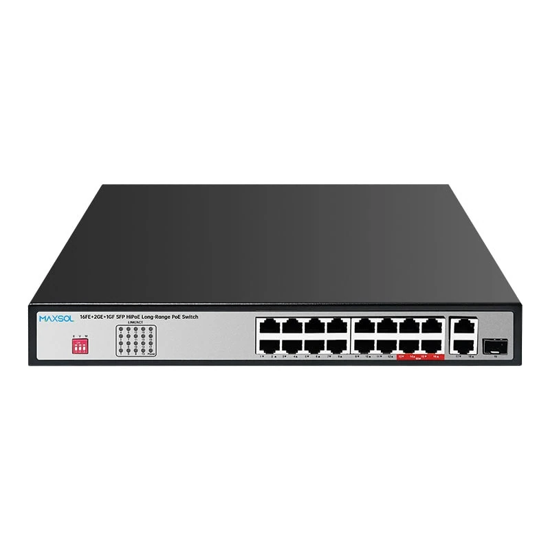 Maxsol PS11602FE PoE switch with sixteen Fast Ethernet PoE ports, copper uplinks and an SFP uplink
