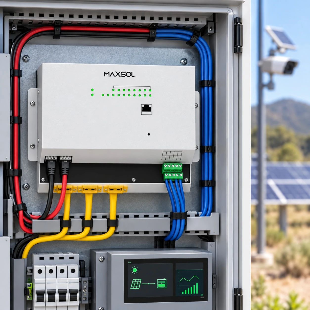 Maxsol managed solar industrial PoE switch with Ethernet, SFP, power and monitoring connections