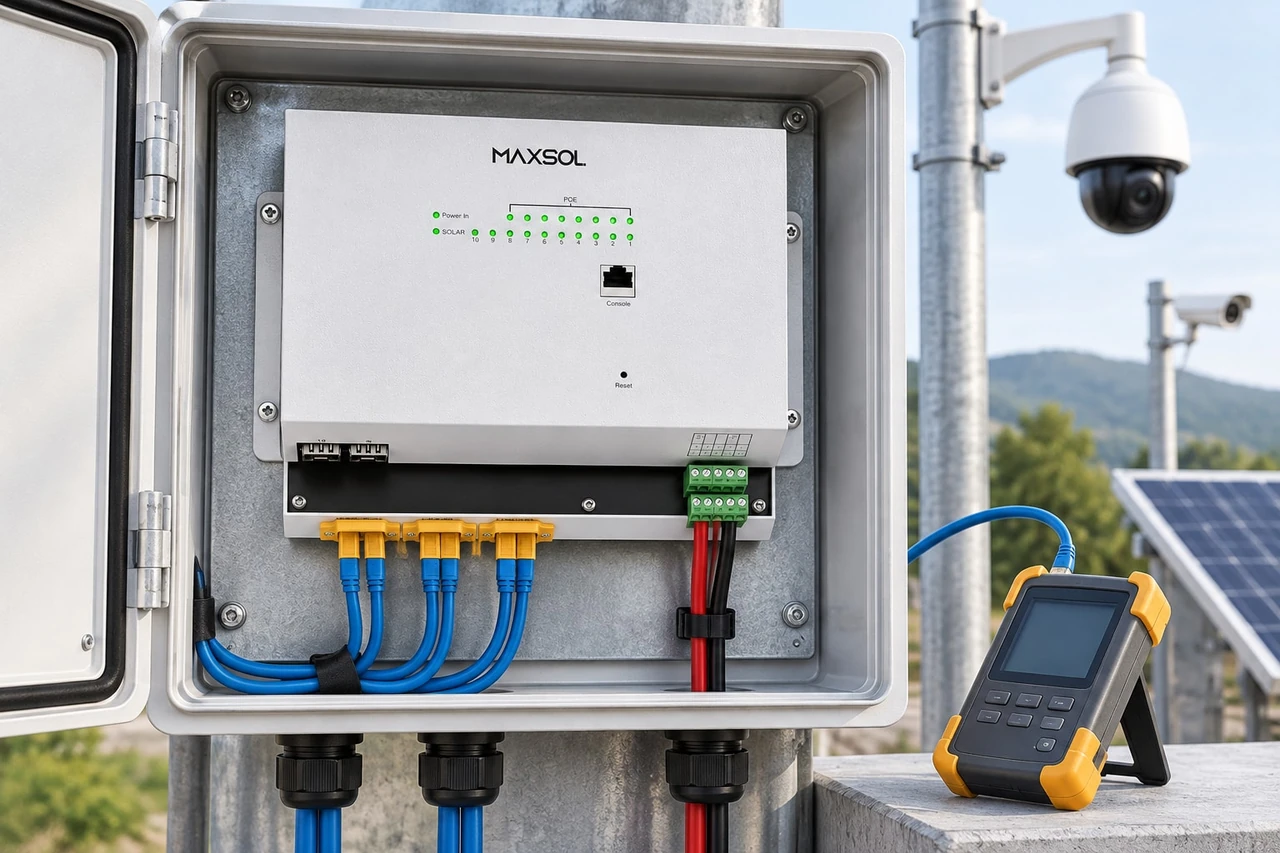 Maxsol IOT2802SFG-S managed solar industrial PoE switch with eight Gigabit PoE ports and two SFP ports