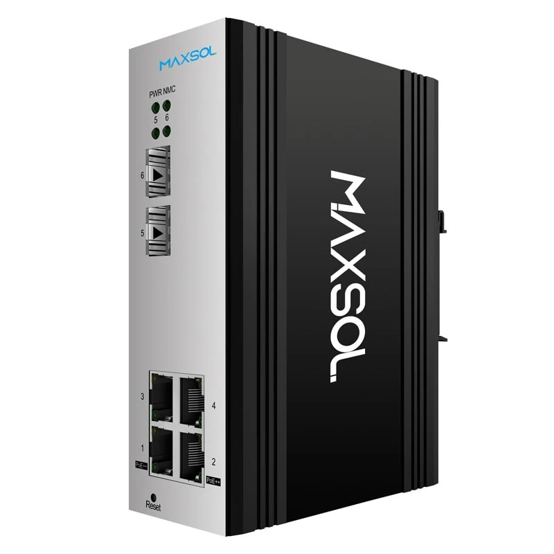 Four-port Gigabit industrial PoE switch with two SFP ports and 90W PoE++ capability on selected ports